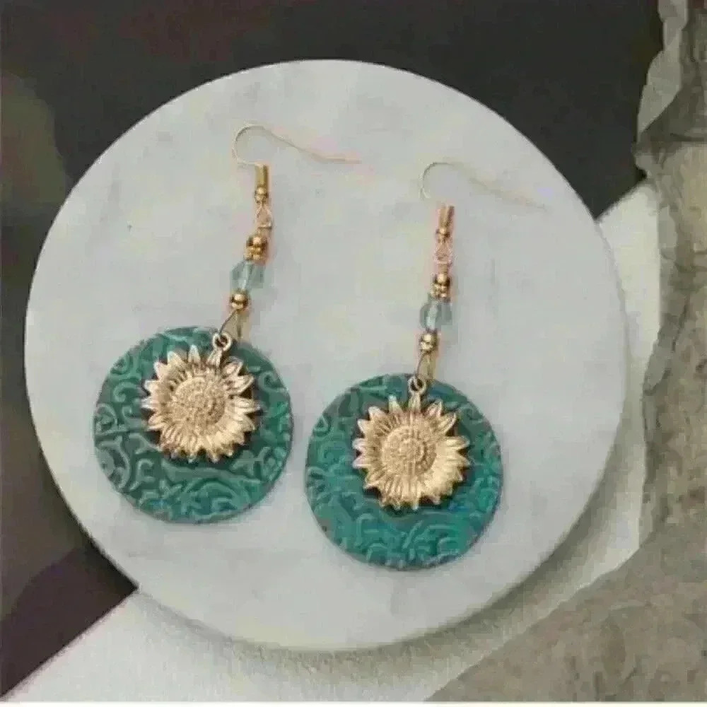 New Sunflower Dangle Earrings: Bohemian Gold-Tone Sunflower Accents - Picture 2 of 4